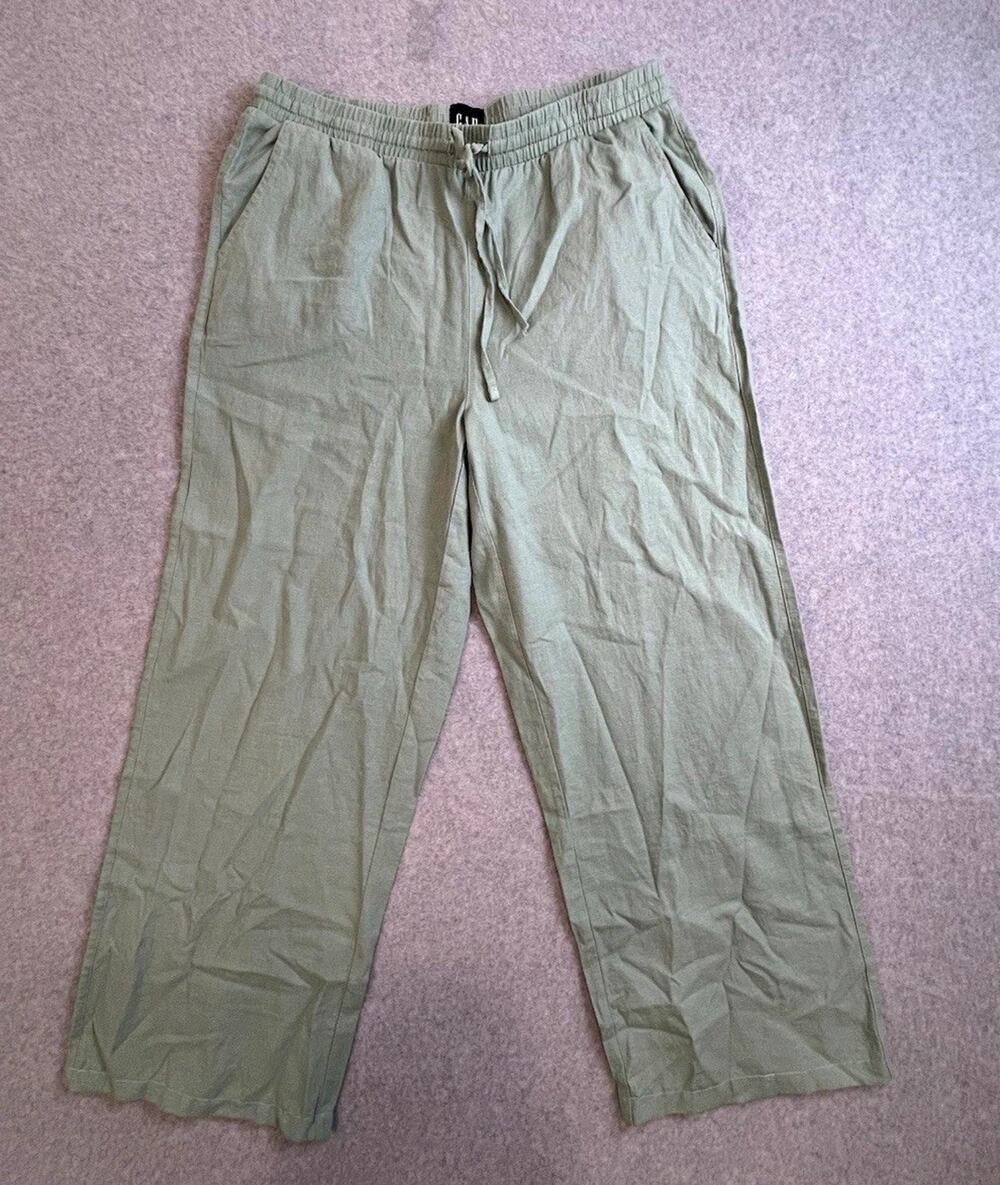 GAP women's Gray, light Green Solid Linen Blend M Drawstring Elastic Waist